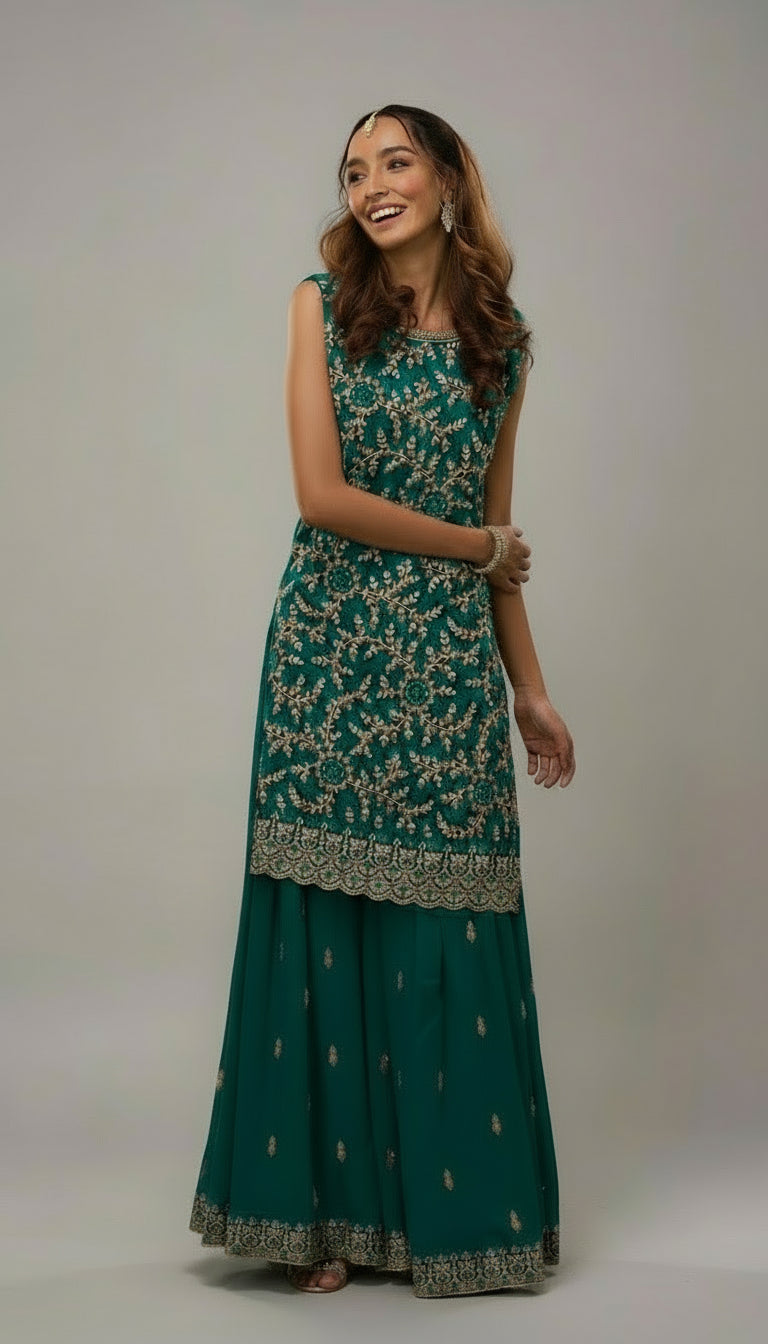 DESIGNER HEAVY BLOOMING GEORGETTE EMBROIDERED SHARARA SUIT