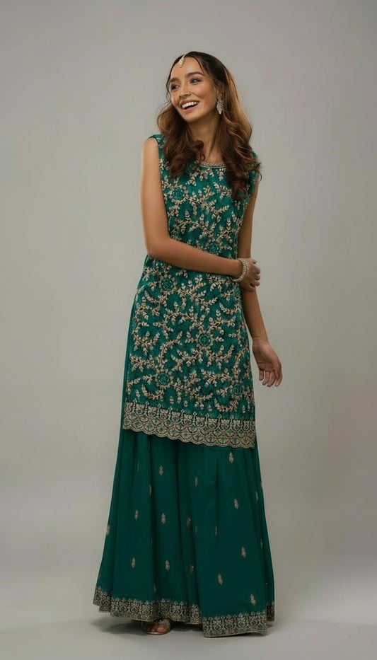 DESIGNER HEAVY BLOOMING GEORGETTE EMBROIDERED SHARARA SUIT