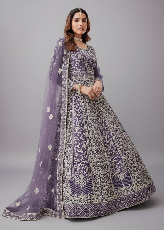 Butterfly Net Embroidered Anarkali Suit with Mirror Work