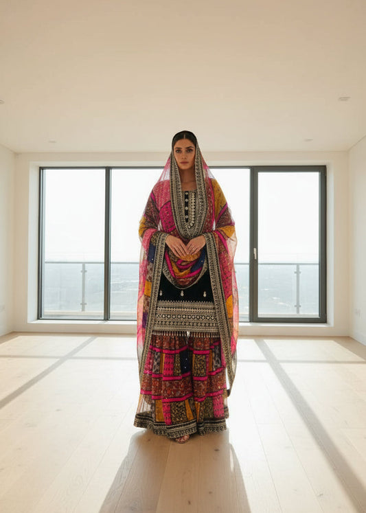 Designer Velvet Top with Georgette Sharara and Dupatta