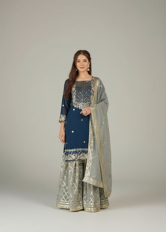 Premium Designer Embroidered Top Palazzo Dupatta Set