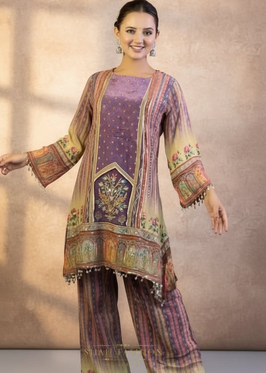Premium Digital Printed Chinon Silk Suit Set with Real Mirror Work
